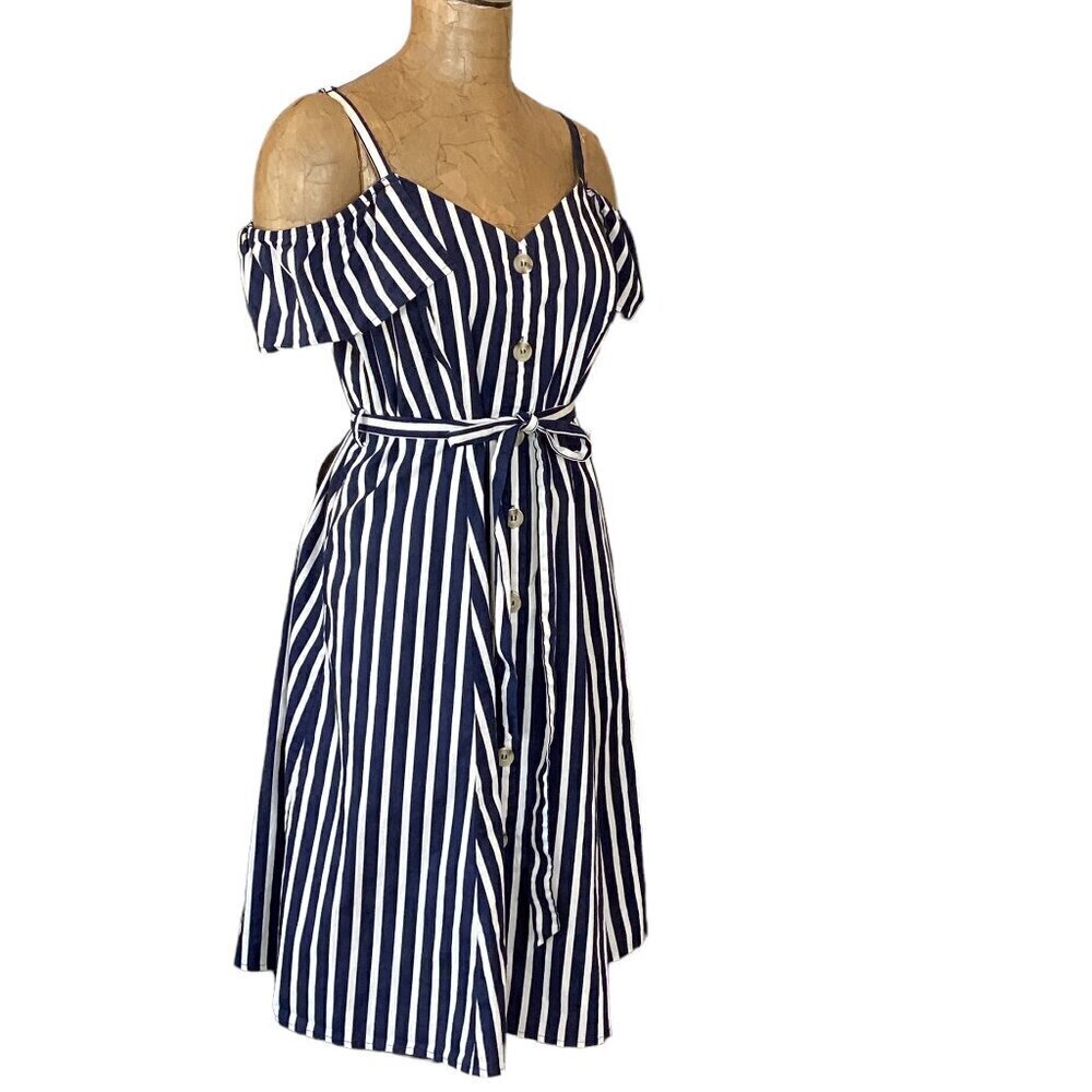 City Chic Stripe Affair Dress Button Front Tie-Waist Off Shoulder XXS/12 #267F - Picture 3 of 9